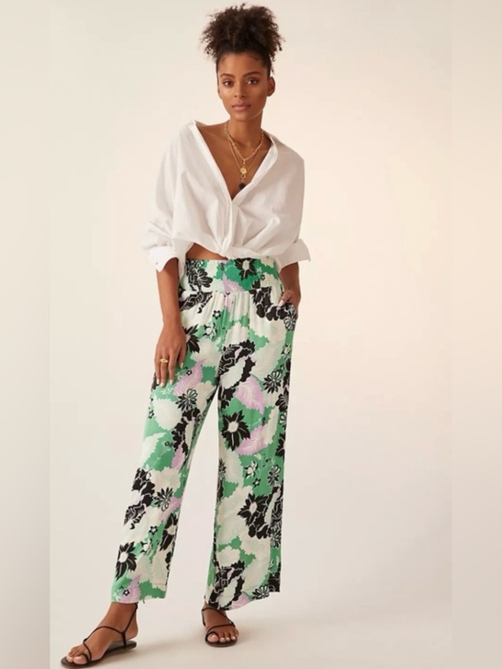Anthropologie Maeve Saria Printed Wide Leg Trousers Floral Green Size Medium